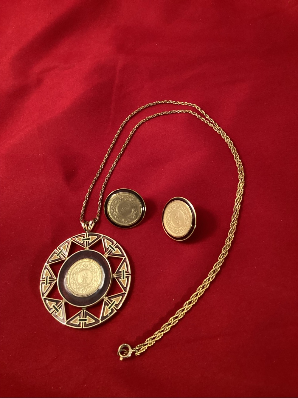 Japanese Gold-Tone Coin Pendant Necklace and Matching clip on Earrings